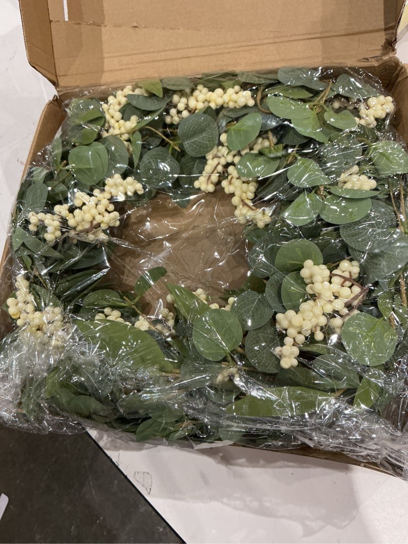 Condition photo showing As Is for (incomplete, missing pieces)sggvecsy green eucalyptus wreath with welcome sign 20in artificial spring summer white berries for front door wall window festival farmhouse porch patio garden decor, white,green 20 inches, 1 pcs