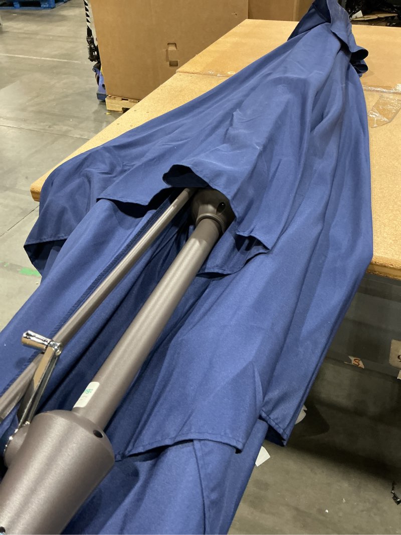 Condition photo showing As Is for best choice products 7.5ft heavy-duty round outdoor market table patio umbrella w/steel pole, push button tilt, easy crank lift - navy blue