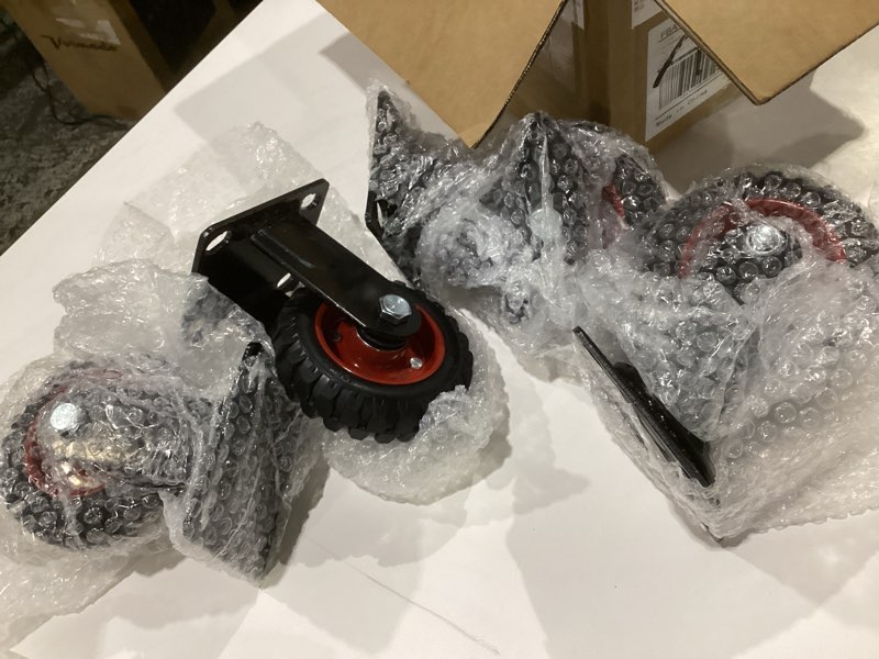 Condition photo showing As Is for w b d weibida 5 inch heavy duty caster wheels set of 4, 1080 lbs outdoor industrial wheels swivel large rubber casters with brake for workbench, dolly, cart, trolley, wagon (2 brake & 2 fixed) 5 in / ?2 rigid & 2 brakes?