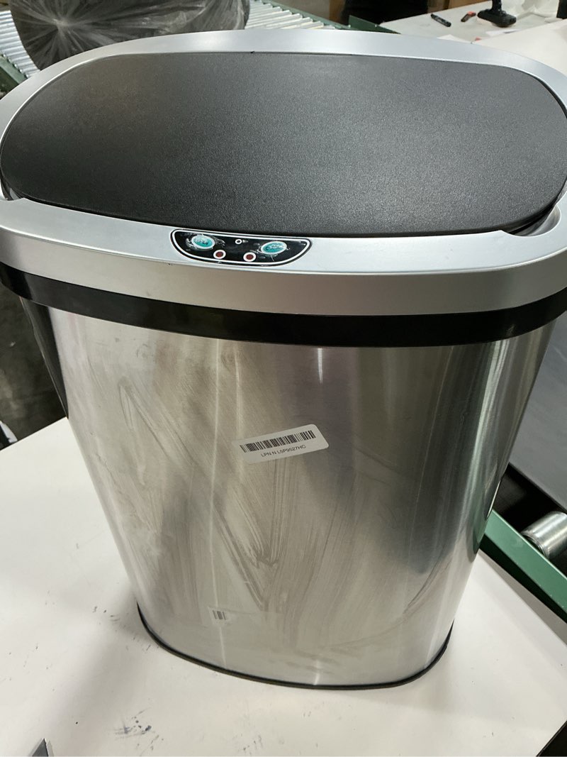 Condition photo showing As Is for BestOffice | 13 Gallon Trash Can with Lid | Automatic Touchless Garbage Can | Odor Control | Modern Oval Design | Easy to Clean | Stainless Steel | Fits Any Kitchen, Bathroom, Office or Home Stainless Steel Stainless Steel