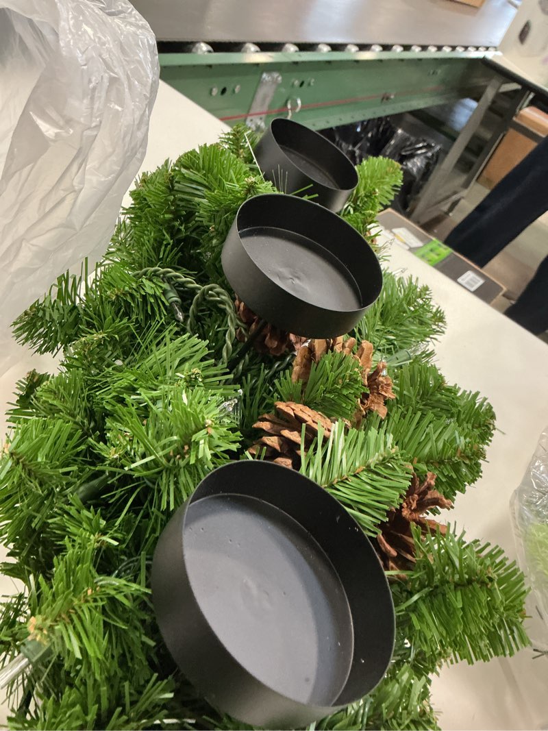 Condition photo showing Good Condition for Nearly Natural 30in. Christmas Artificial Pine Triple Candelabrum with 35 Clear Lights and Pine Cones