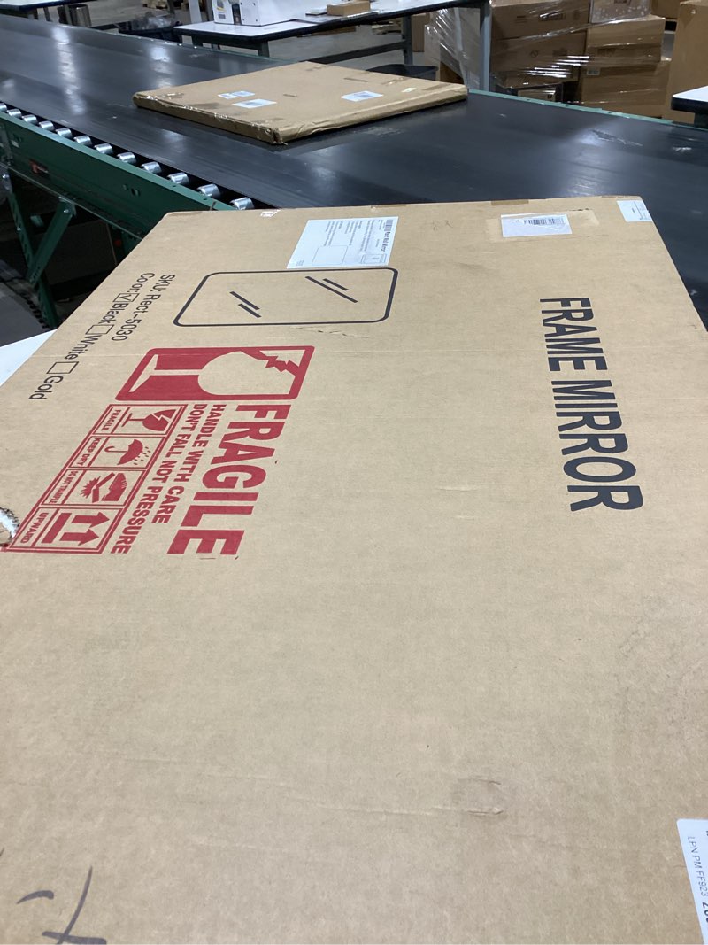 Condition photo showing New/Like New for Delma Black Framed Bathroom Vanity Mirror for Over Sink, 50x30 Inch High-Definition Wall Mirror with Horizontal/Vertical Hanging, Durable Rust-Resistant Bathroom Mirror for Modern Decor (Black) Rect Black 50"L x 30"W