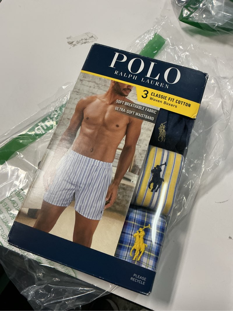 Condition photo showing New/Like New for POLO RALPH LAUREN Men's Classic Fit Woven Cotton Boxers, Rustic Navy/Campus Yellow, Summer Stripe/Cruise Navy, Sag Harbor Plaid/Polo Yellow, Large