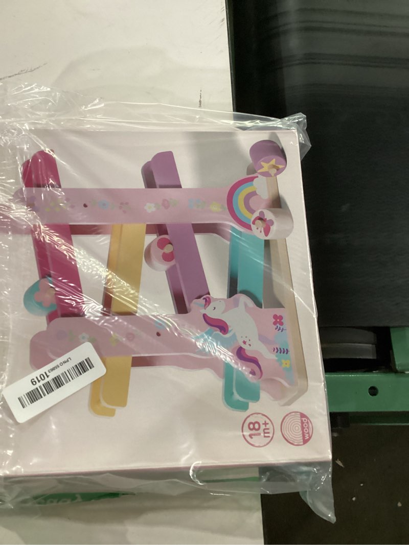 Condition photo showing As Is for lehoo castle wooden car ramp toys for 1 year old girl birthday gifts, unicorn montessori toys for one year old, wooden race track with 4 rollers toddler toys for 2 year old girl