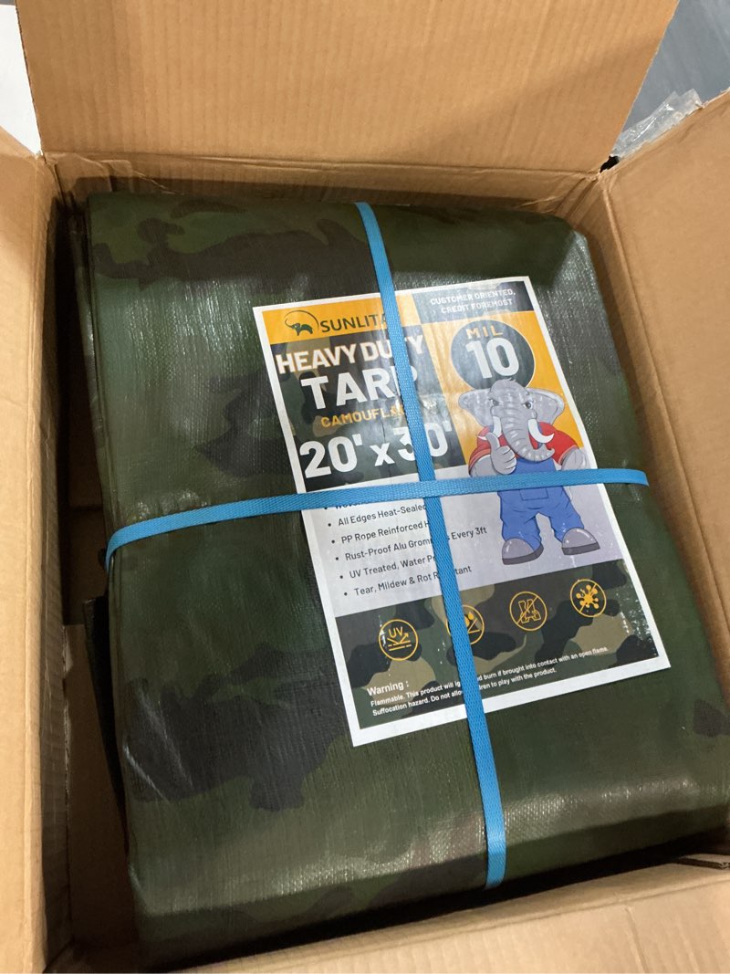 Condition photo showing New/Like New for 10 mil heavy duty waterproof tarps, 20x30 ft finished size tarps, premium tarp with metal grommets & reinforced edge, multipurpose thick poly tar for car, boat, roof, camping - camouflage camo - 10 mil 20x30ft