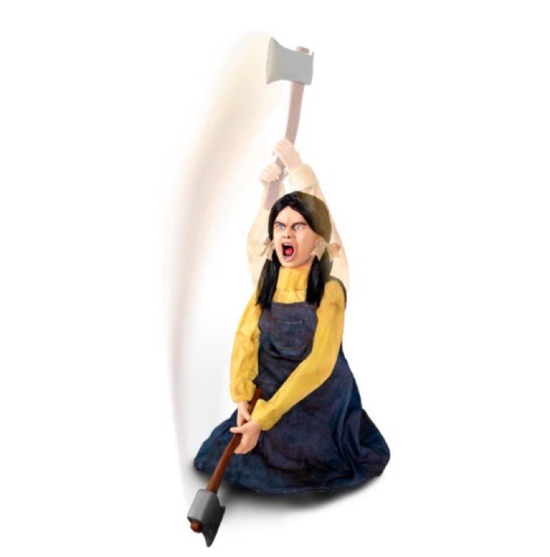 haunted hill farm axe me something by tekky, battery-operated, motion and sound activated animatronic with sound effects for indoor or covered outdoor creepy halloween decoration