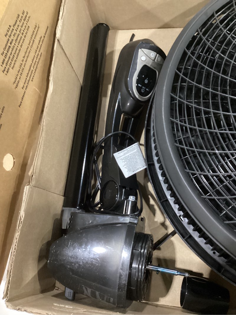 Condition photo showing As Is for lasko oscillating cyclone pedestal fan, adjustable height, timer, remote control, 3 speeds, for bedroom, living room, home office, 18", black, 1843 standard packaging