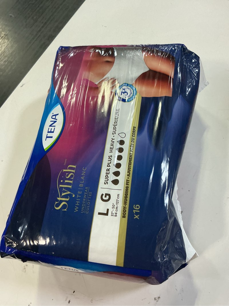 Condition photo showing New/Like New for TENA Stylish White Incontinence Underwear for Women, Super Plus Heavy Absorbency, Large, 16 Count Large 16 