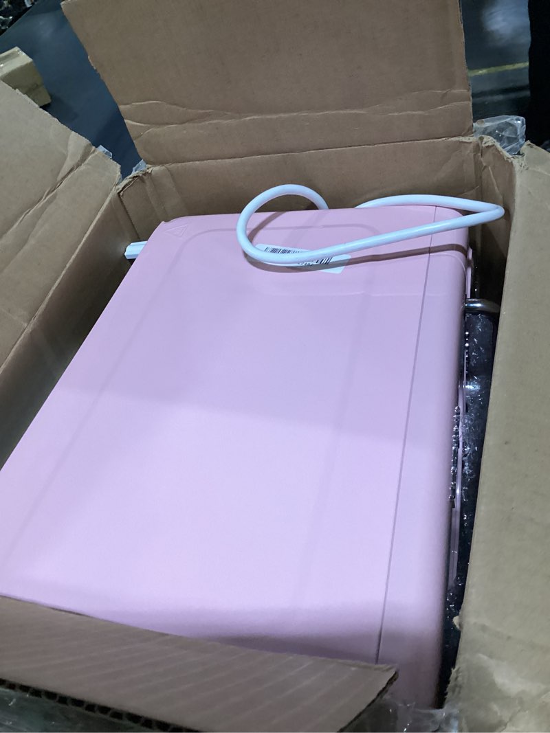 Condition photo showing As Is for Nostalgia Retro Compact Countertop Microwave Oven - 0.7 Cu. Ft. - 700-Watts with LED Digital Display - Child Lock - Easy Clean Interior - Pink Retro Classic 0.7 Cu. Ft. Pink