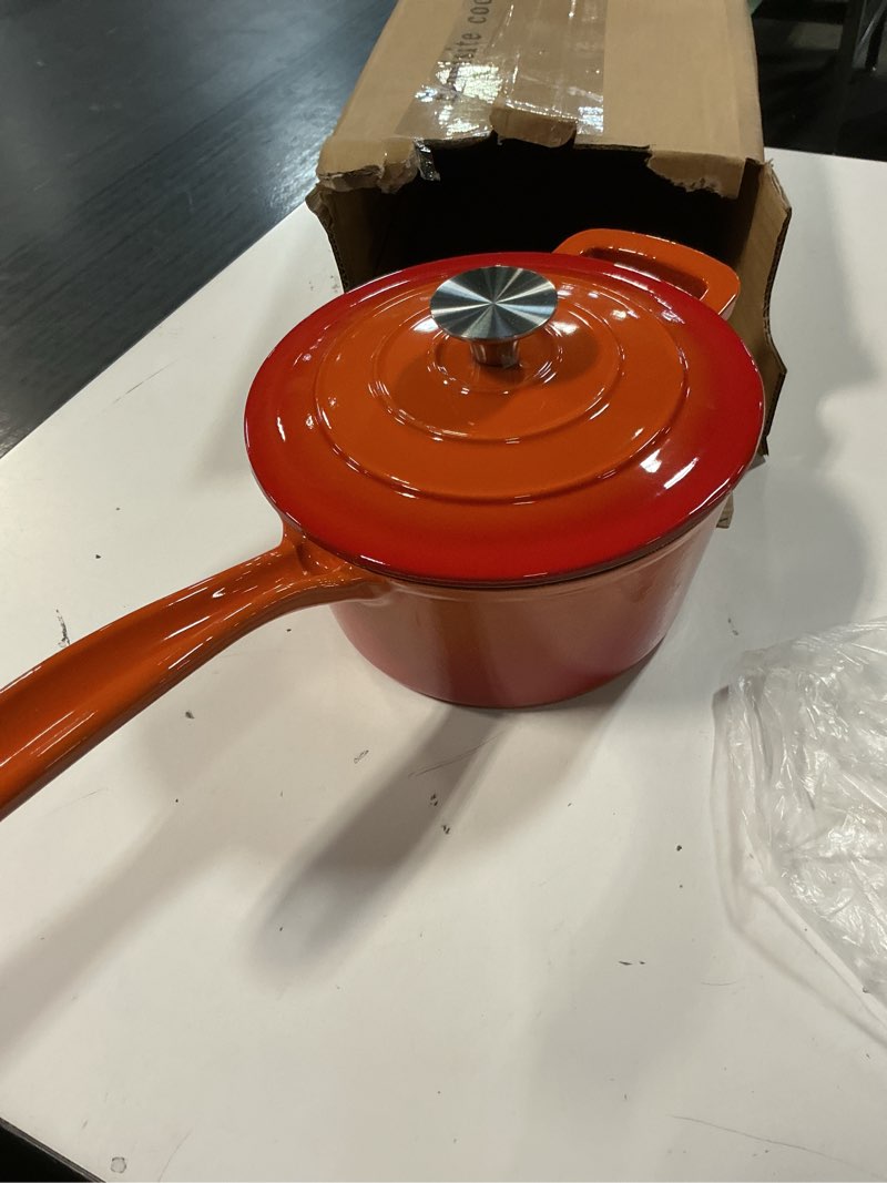 Condition photo showing Good Condition for enameled cast iron sauce pan, 2 quarts round sauce pot with lid, mini dutch oven enamel saucepan for cooking pasta sauce, marinate, cook, refrigerate and serve, orange