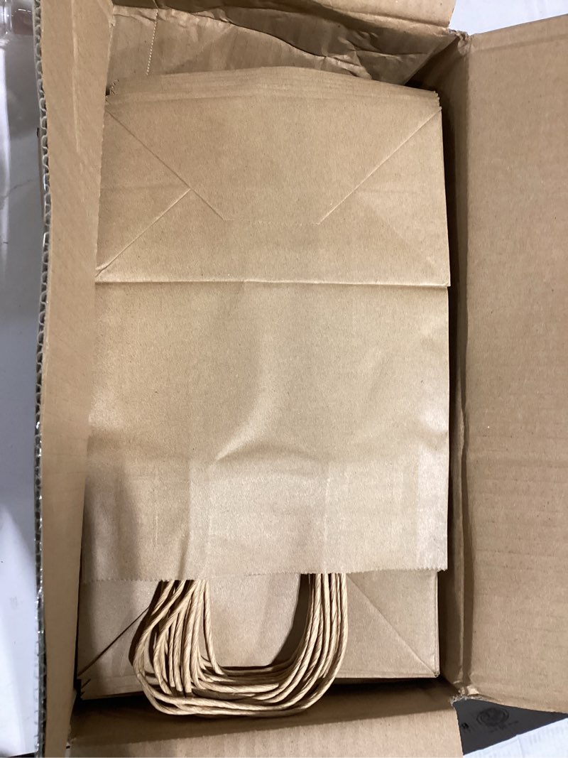 Condition photo showing Good Condition for ecoextra brown kraft paper bags 100 pack 8x4.5x10.8 in medium with handles | reinforced handles, for grocery, retail, birthday, wedding, party favors, gift giving, christmas, shopping bags brown 1 count (pack of 100)