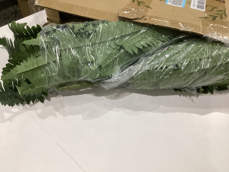 Condition photo showing Good Condition for artificial boston fern bush - set of 2 45inch fake ferns with 55 fronds, large hanging faux plants decor, uv resistant faux fern vines silk greenery for outdoor indoor, porch, farms, patio 45inch green