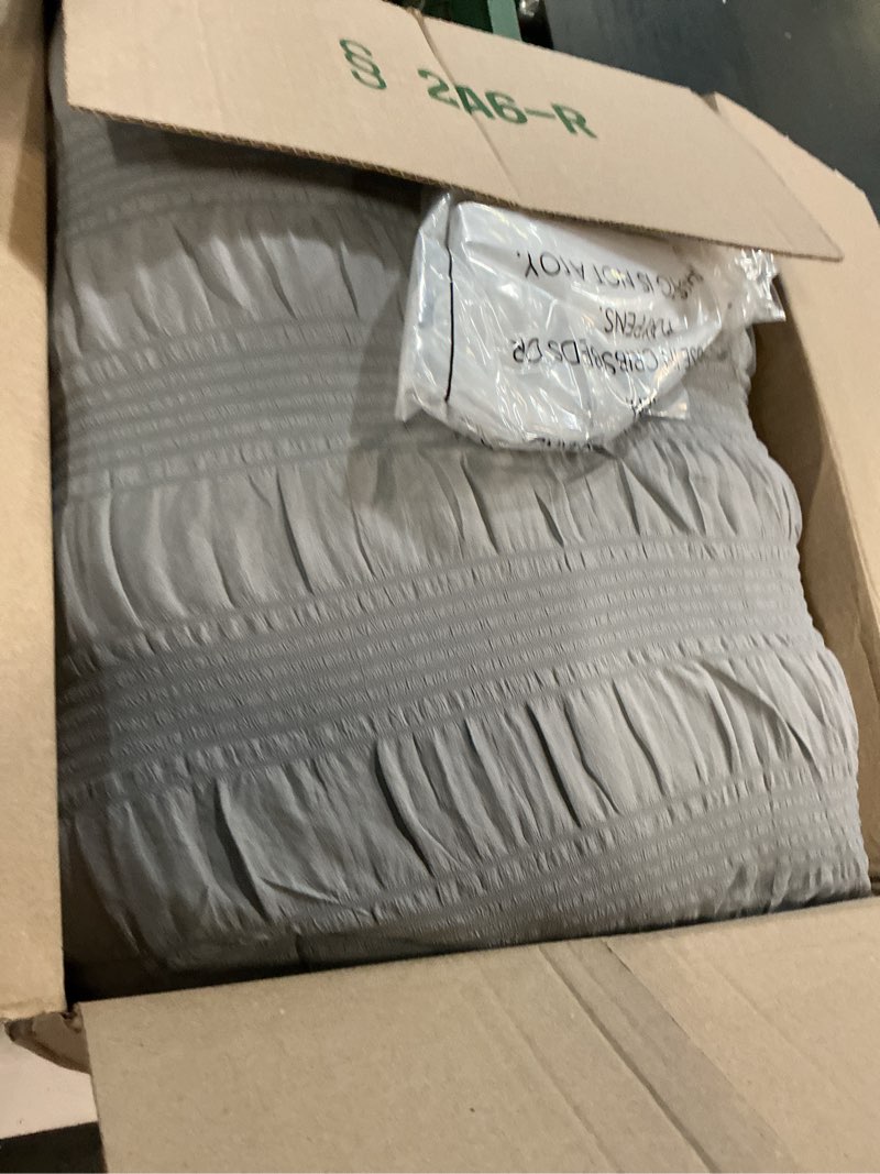 Condition photo showing As Is for zzlpp queen comforter set 7 pieces, grey seersucker bed in a bag with comforter, pillow shams, pillowcases, flat sheet, fitted sheet grey pinstripe queen
