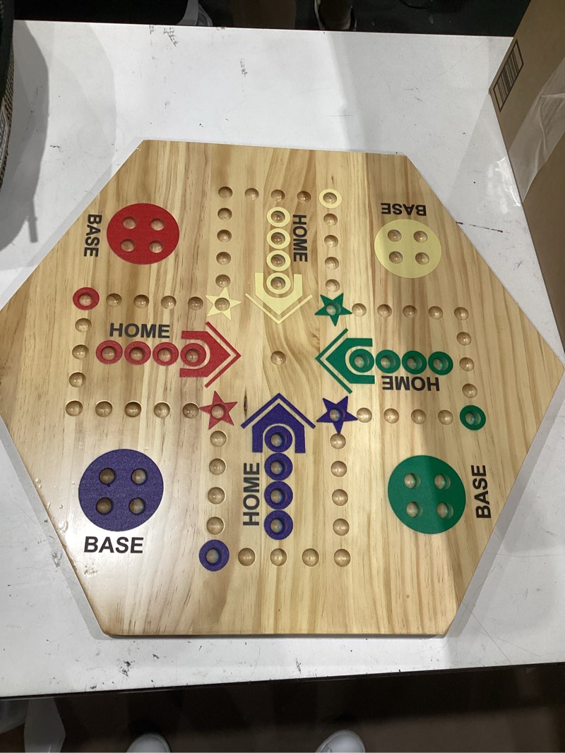 Condition photo showing Good Condition for incomplet)))wooden board game, original marble game double sided painted 2 to 6 player fast track board game wooden with 6 colors 24 marbles 6 dice for adults kids family(15 inch)