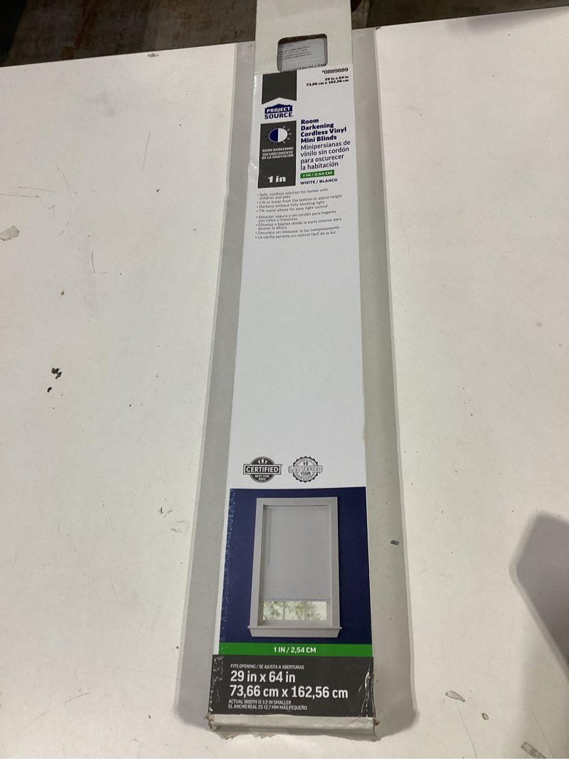 Condition photo showing Good Condition for project source room darkening 1-in slat width 29-in x 64-in cordless white vinyl room darkening mini-blinds