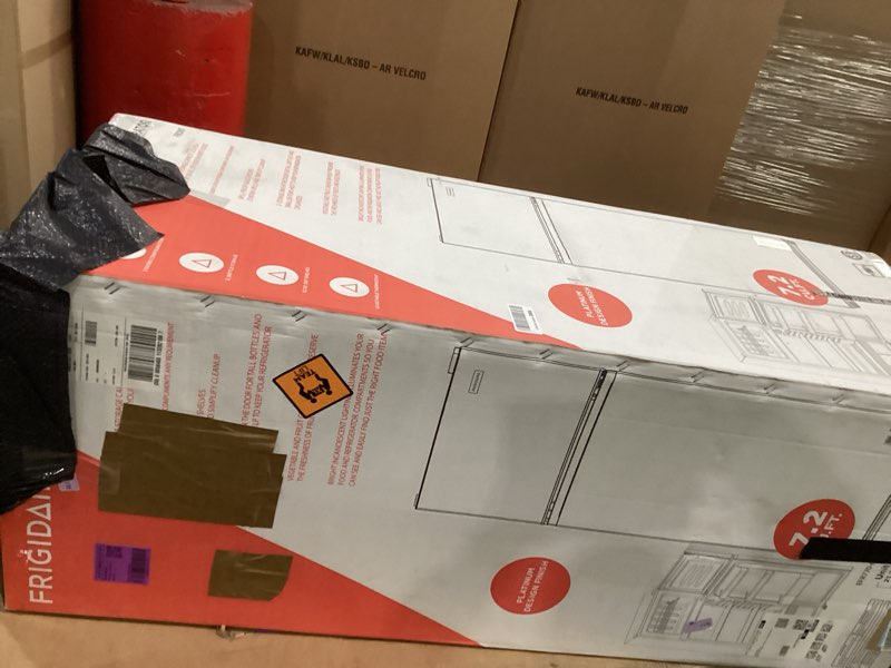 Condition photo showing As Is for Frigidaire, 2 Door Apartment Size Refrigerator with Freezer, 7.5 cu ft, Adjustable Spill-Proof Shelves, Door & Crisper Bins, Platinum Silver, Garage Ready Quicksilver 7.5 cu ft