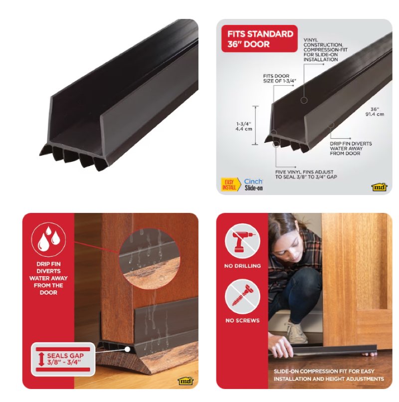 m-d 3-ft x 2-in x 1-3/4-in brown cinch slide-on vinyl door weatherstrip