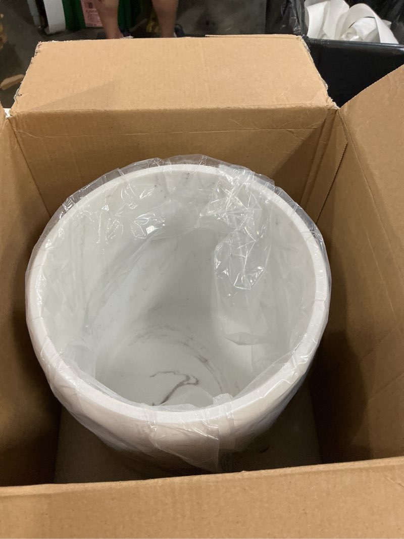 Condition photo showing New/Like New for bathroom trash can - decorative wastebasket finished in resin, beautiful marble look, modern round waste basket for bathroom, powder room or living (marble style), white