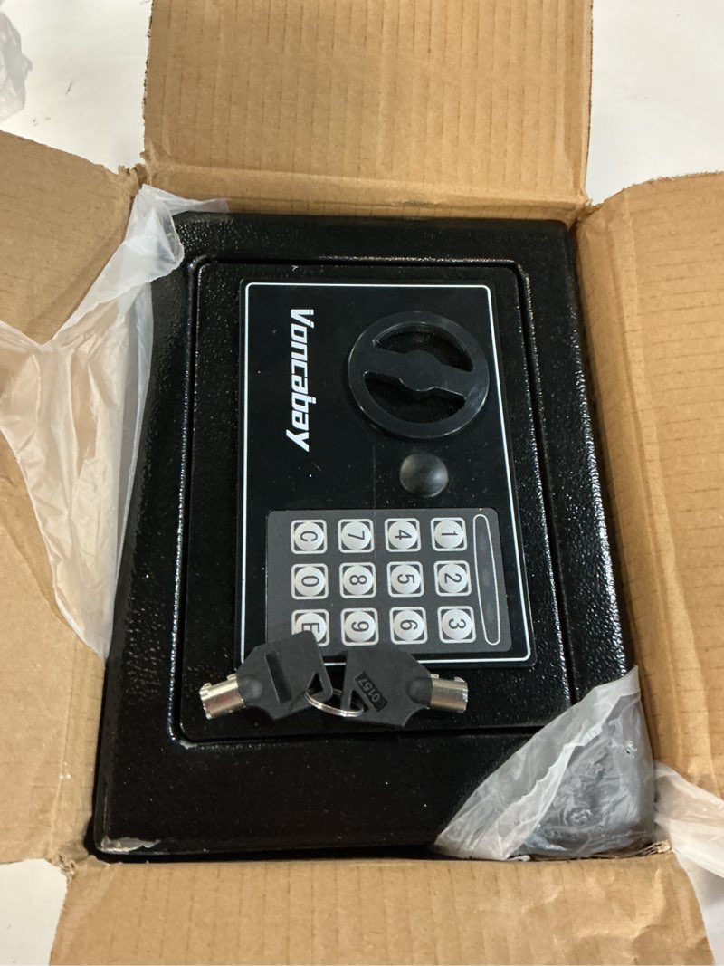 Condition photo showing New/Like New for voncabay money safe box for home with sensor light & fireproof money bag - 0.23 cubic feet security safe box with digital keypad, keys & pass code lock, 9.05" w x 6.69" d x 6.69" h, black black 0.23 cubic feet