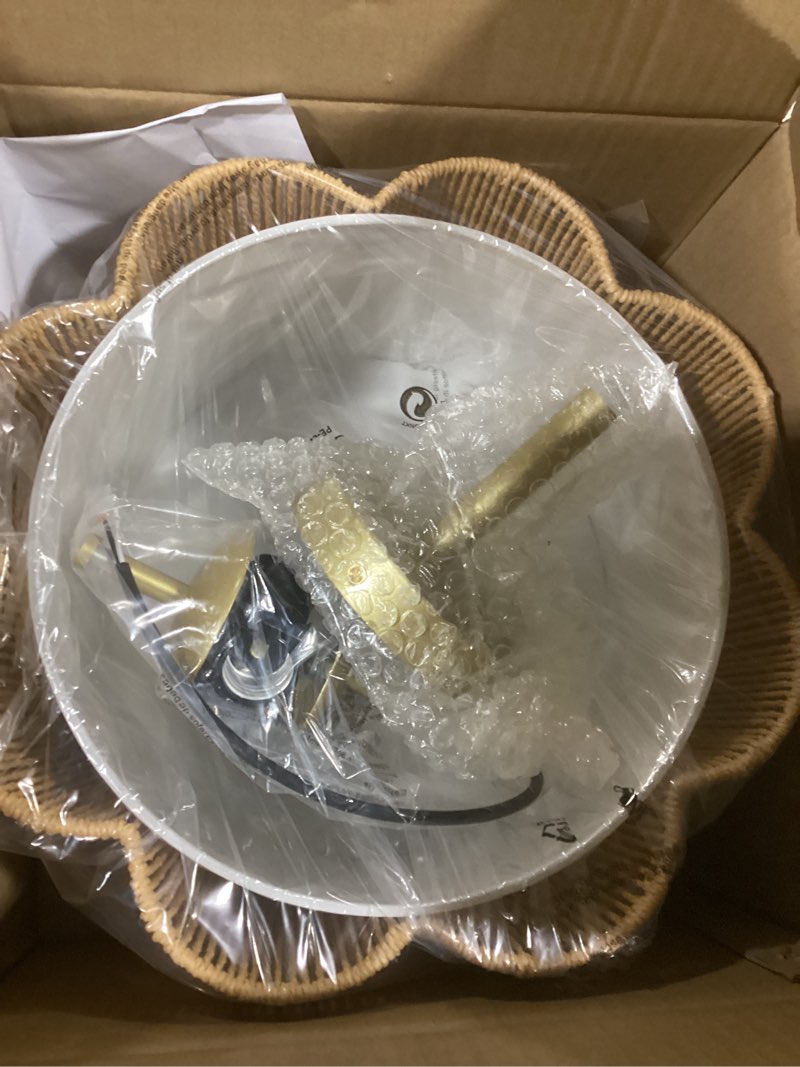 Condition photo showing Good Condition for Rattan Semi Flush Mount Ceiling Light, 3-Light Boho Ceiling Lights, Modern Hand-Woven Rattan Boho Light Fixture for Bedroom Living Room Kitchen Hallway and Entryway (Yellow)