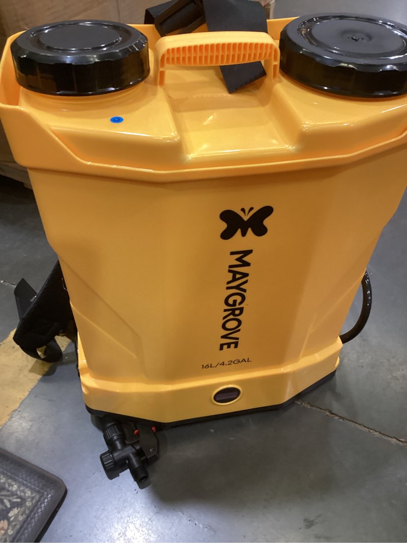 Condition photo showing As Is for maygrove 4.2 gallon battery powered backpack sprayer | up to 100 psi electric sprayer with adjustable wand & 5 nozzles, spraying for garden, lawn care, fertilizing & weed control