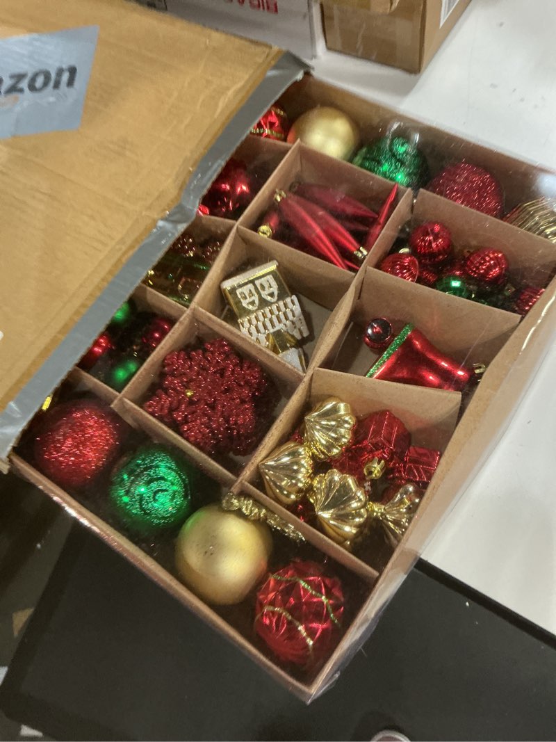 Condition photo showing New/Like New for 90pcs Red Green and Gold Christmas Balls Ornaments Set,Shatterproof Plastic Ball Set with Hanging Strings,Hanging Ball Ornaments for Xmas Party Christmas Tree Decorations, Ideas