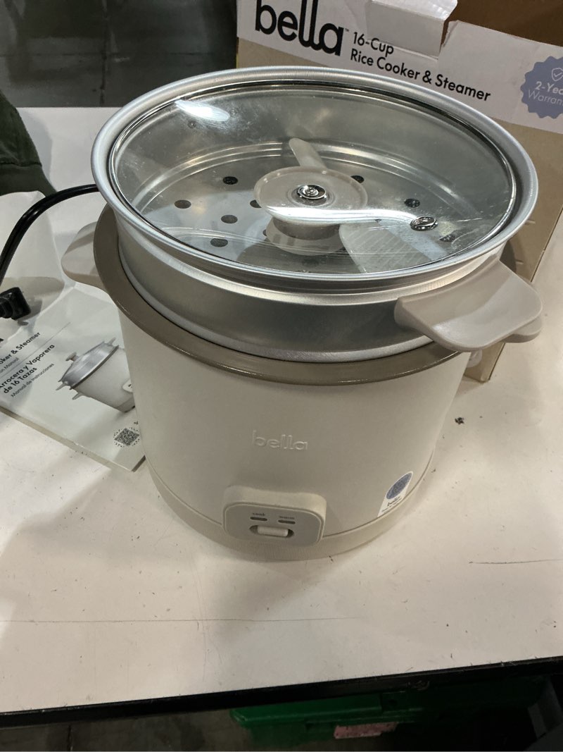 Condition photo showing Good Condition for bella 16 cup rice cooker with steamer, dishwasher safe steaming basket, rice paddle and measuring cup, removable nonstick cooking bowl, automatic keep warm function?, 400 watt, oatmilk