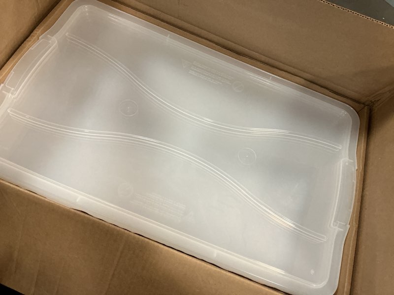 Condition photo showing As Is for Rubbermaid Cleverstore 95 Qt Clear Storage Bins with Lids, 4-Pack, Stackable, BPA-Free, Made in USA 95 Qt - 4 Pack