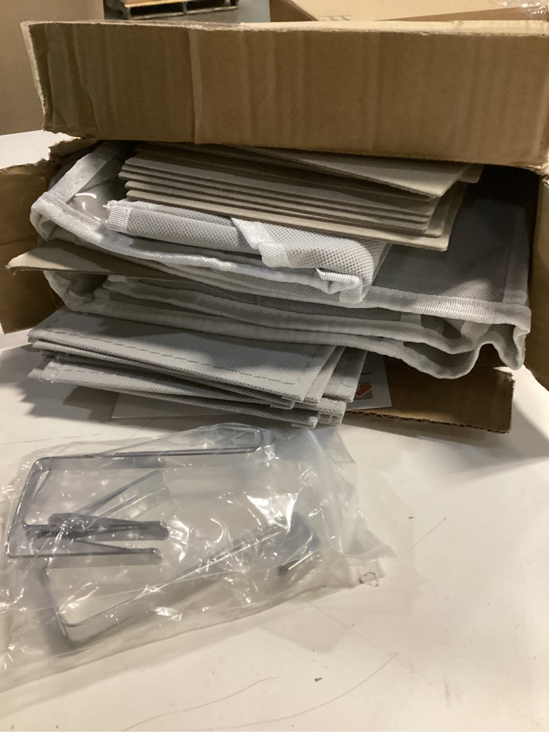 Condition photo showing As Is for Over The Door Organizer, 5-Tier Extra Large Behind Door Storage with 10 Big Front & 10 Mesh Pockets, 80lb Capacity, Hanging Storage Organizer with Clear Window Kids Toys, Shoes, Diapers, Light Grey Light Gray