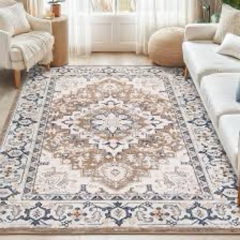 Lofus 5x7 Area Rugs for Living Room, Washable Area Rug, Rugs for Bedroom, Kitchen, Vintage Boho Carpet, Soft Non-Slip, Low Pile Large Area Rug for Office Dining Room, Floral Brown
