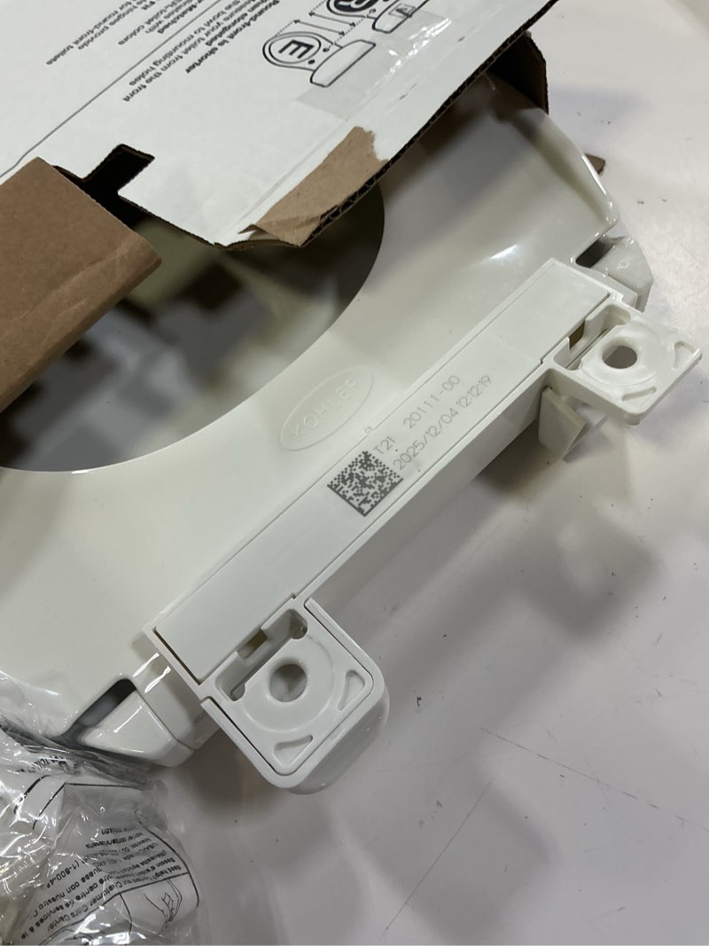 Condition photo showing As Is for kohler 20111-0 brevia, slow close toilet seat, round toilet seat, grip-tight bumpers quick-attach hardware, white