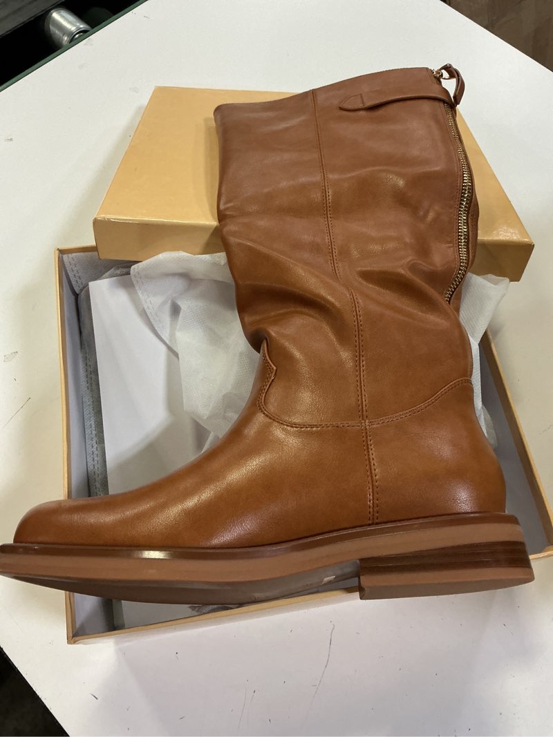 Condition photo showing New/Like New for women's knee high boots chunky heel square toe tall boots for women low heel back zipper boots size 7.5 brown