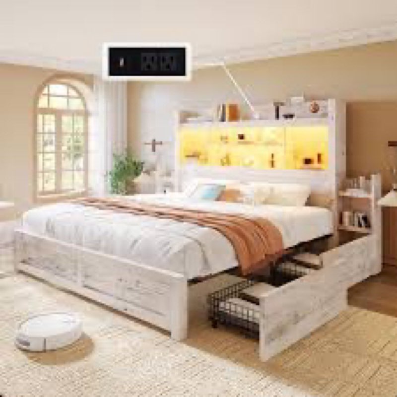 (Incomplete box 1 of 2 ) Luxoak King Bed Frame With Bookcase Headboard & 2 Detachable Bedside Stoage Racks & 4 Drawers, Farmhouse Wood Bed Frame With Rgb Led & Charging Station, No Box Spring Needed,1