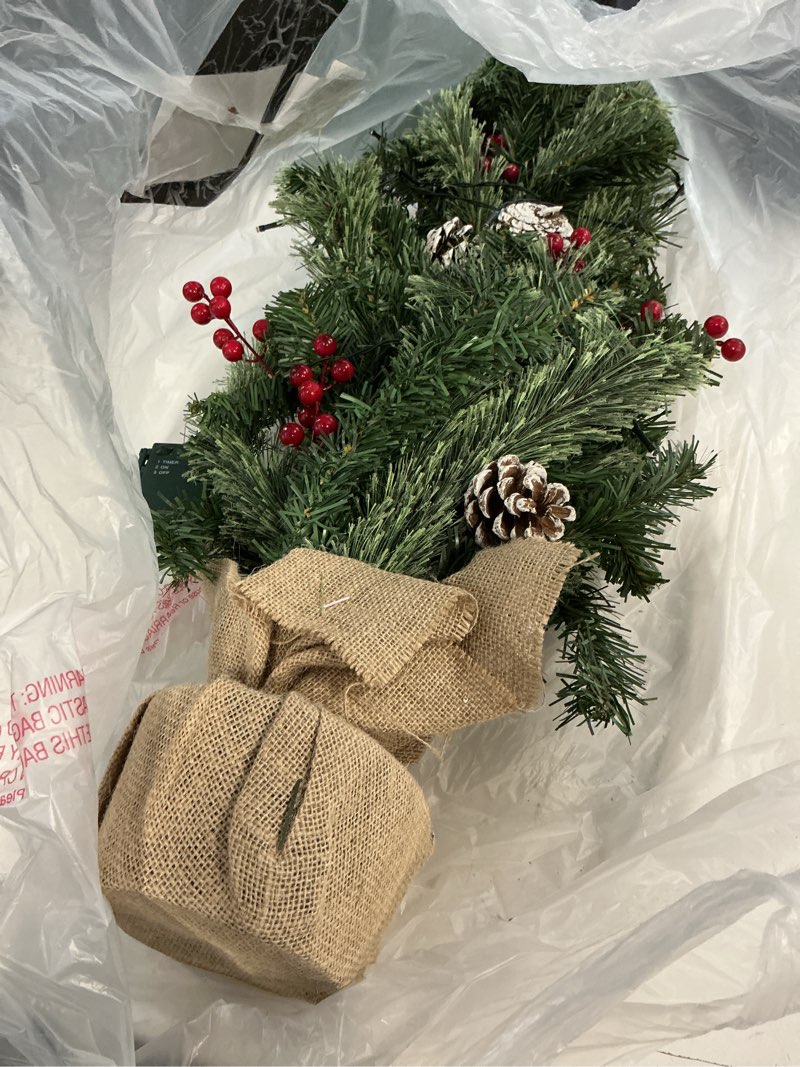 Condition photo showing Good Condition for timer - 3 ft artificial small christmas tree with 50 warm white lights, mini table top christmas tree, battery operated 100 thick branches pinecones red berries burlap base xmas desk, home decor