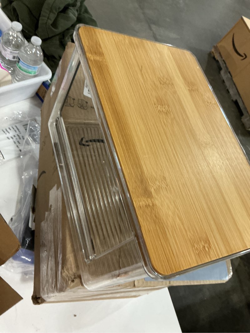 Condition photo showing New/Like New for trash bag dispenser, trash bag holder dispenser with bamboo top, extra large garbage bags holder organizer under sink for kitchen, pantry, laundry room 1pcs wood