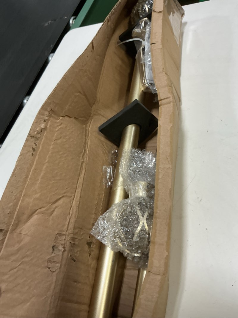Condition photo showing New/Like New for exclusive home ogee 1" curtain rod and coordinating finial set, gold, adjustable 36"-72" gold 36-72