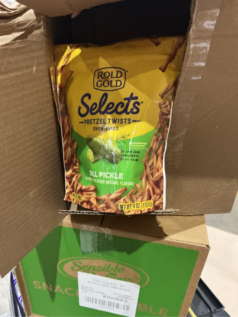 Condition photo showing New/Like New for case of 8 ..bbd:4/2026 rold gold selects, dill pickle pretzel twists, 4 oz dill pickle 4 ounce