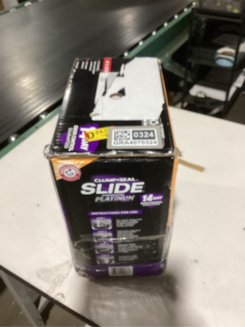 Condition photo showing New/Like New for ARM & HAMMER Clump & Seal SLIDE Platinum Multi-Cat Clumping Cat Litter, 14-Day Odor Control, EZ Clean Technology, 37 lbs – No Scrubbing, Powerful Odor Eliminator 37lb – Frustration Free Pack SLIDE Platinum Clumping Litter