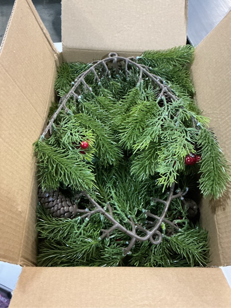 Condition photo showing New/Like New for U'Artlines 2PCS Christmas Swag for Front Door, 27.5" Frost White Artificial Decorative Swag with Red Berry, Pine Cone, Berries for Window Wall Fireplace Mantle Home Holiday Xmas Decor Swag