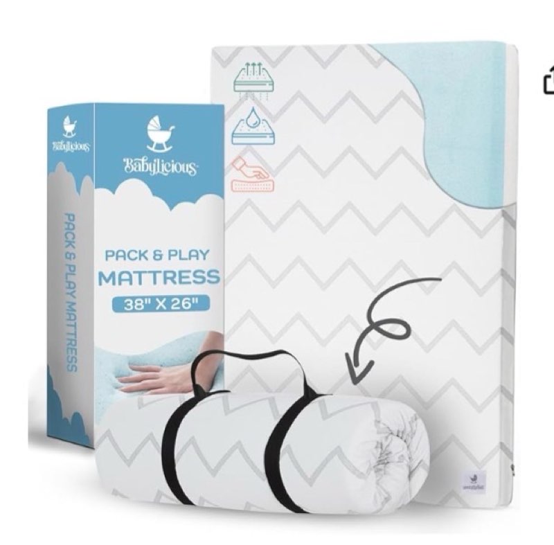 babylicious waterproof pack and play mattress pad - 38\" x 26\" | roll up style - breathable soft memory foam - portable mattress topper- baby foam mattresses for babies - includes easy carry buckle 38”x26”x1.5”