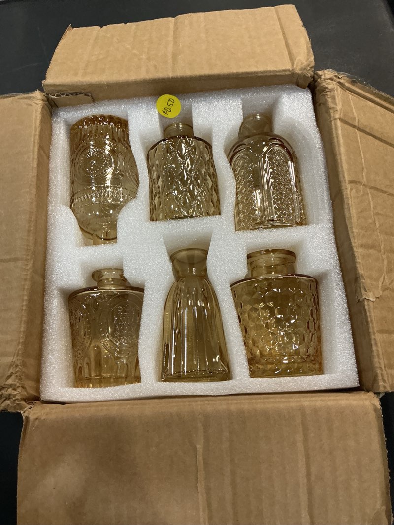 Condition photo showing New/Like New for supmind 12pcs glass bud vase set, small gold amber flower vases for centerpieces in bulk, mini vintage vase for wedding, home,table decoration gold amber 12pcs