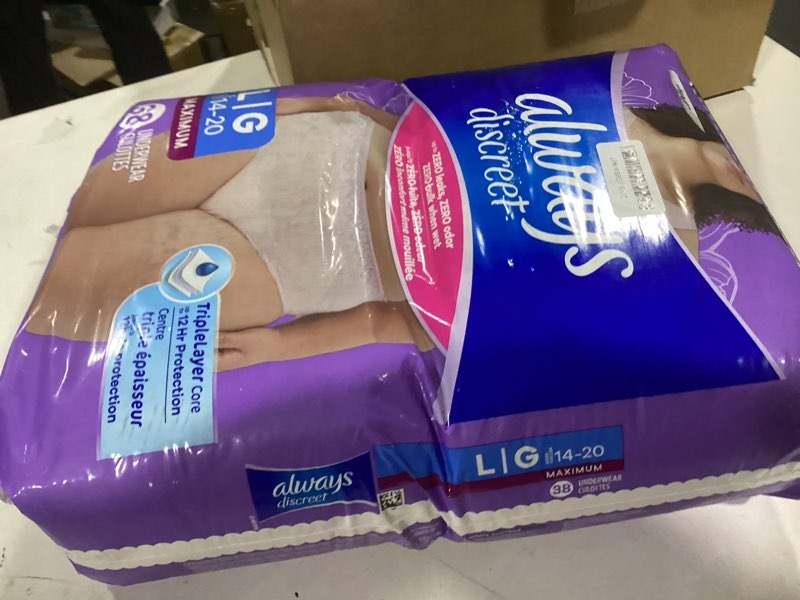 Condition photo showing New/Like New for always discreet adult incontinence underwear for women and postpartum underwear, large, up to 100% bladder leak protection, 76 count (2 packs of 38) large 76