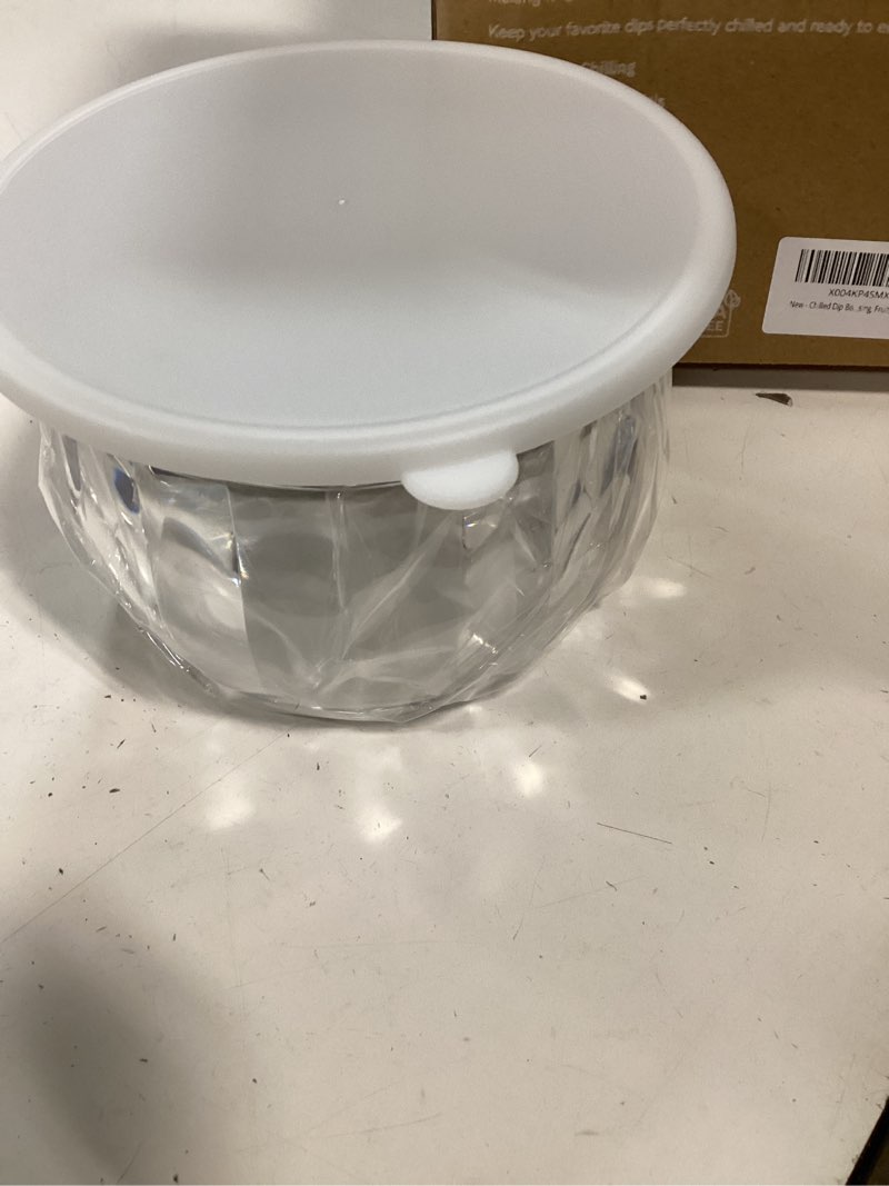 Condition photo showing New/Like New for chilled serving bowls 2-pack, dip bowls on ice with stainless steel spoon and fork, double wall ice bowls for salsa, guacamole, hummus, condiments, parties