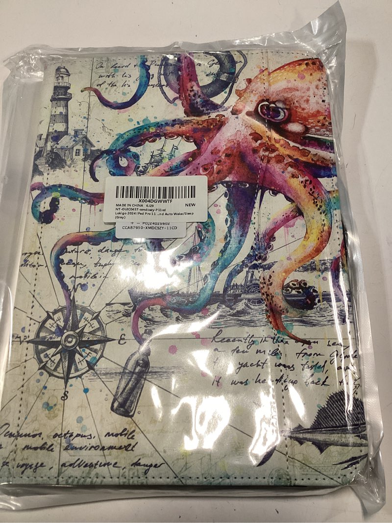 Condition photo showing New/Like New for lokigo 2024 ipad pro 11 inch case m4 (5th generation) with pencil holder, smart ipad case [support pencil pro and pencil (usb-c)], support touch id and auto wake/sleep (gray) colorful octopus