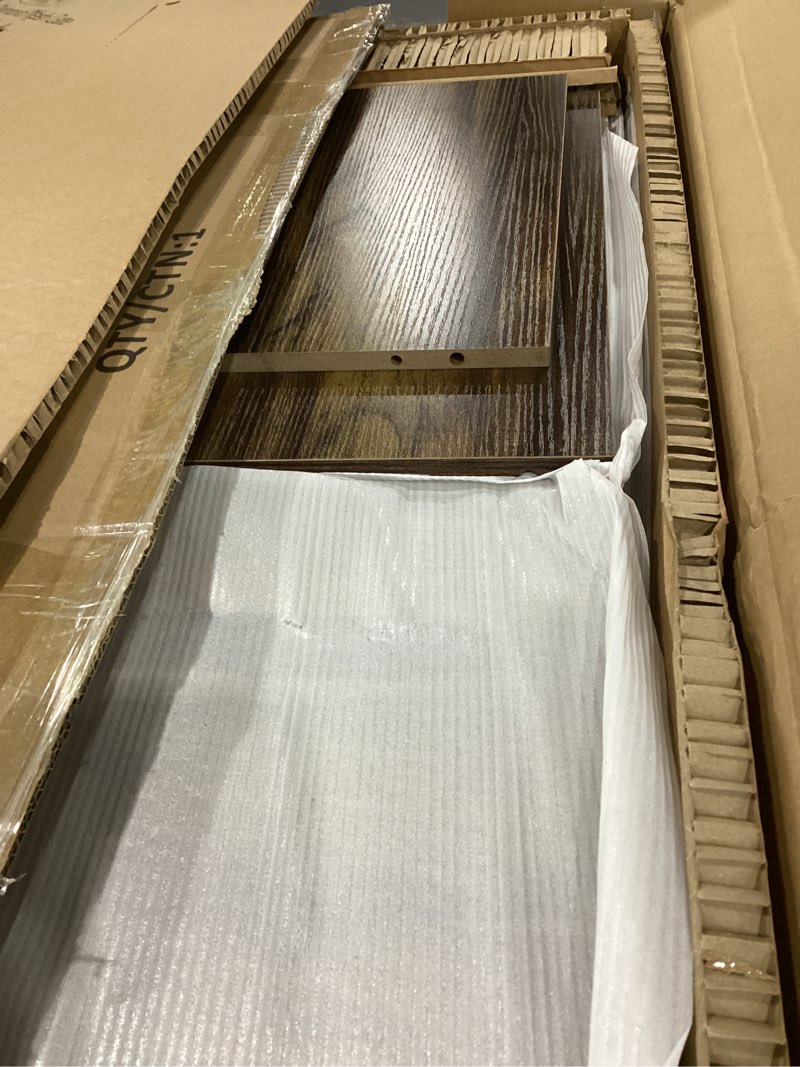 Condition photo showing As Is for GAZHOME TV Stand for TV up to 65 Inches, TV Cabinet with Open Storage, TV Console Unit with Shelving for Living Room, Entertainment Room, Rustic Brown 58 inch Brown