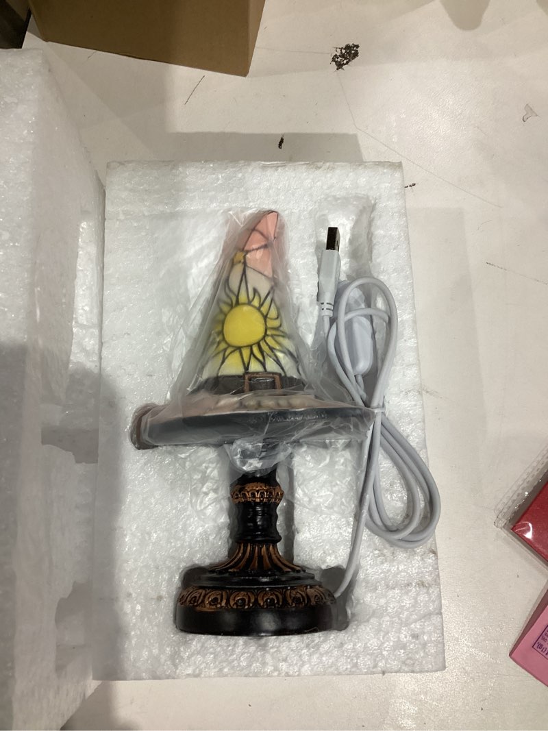 Condition photo showing New/Like New for Witch Hat Lamp Stained Glass Resin, Handmade Gothic Witch Hat Lamp, Small Wizard Hats Shape Spooky Fun Light for Indoor Party Haunted Wiccan Halloween Decor (White)
