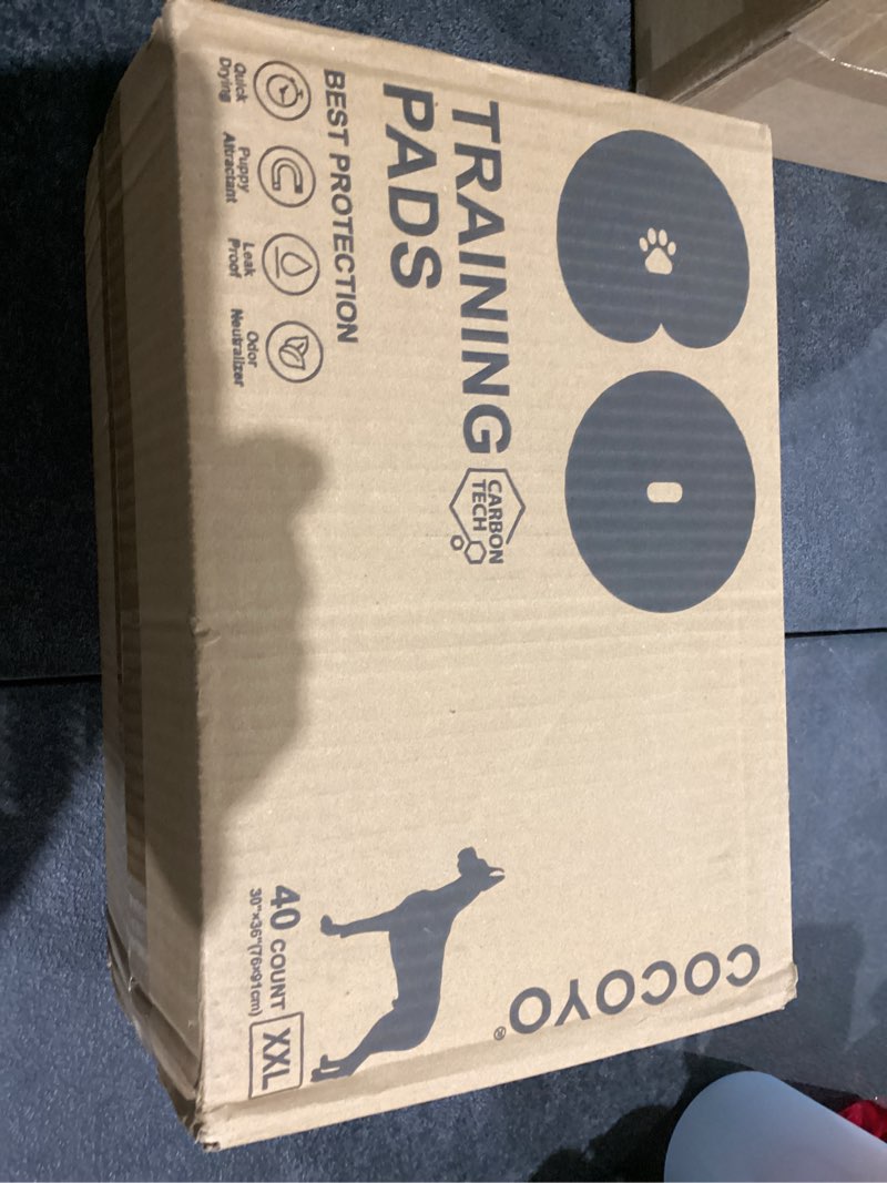 Condition photo showing New/Like New for COCOYO Dog Training Pads Extra Large Size?Carbon Absorb Eliminating Urine Odor Puppy Pads ? Premium Charcoal Dog Pee Pads (40 Count, XXL 30x36 inch),Black