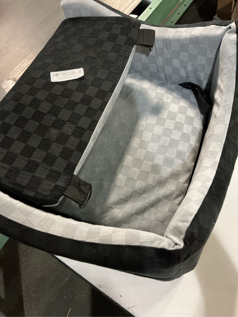 Condition photo showing As Is for joejoy elevated dog car seat for small/medium dogs up to 35 lbs, memory foam booster seat with detachable washable cover, travel-safe car bed with safety belts & storage pockets, grey medium grey