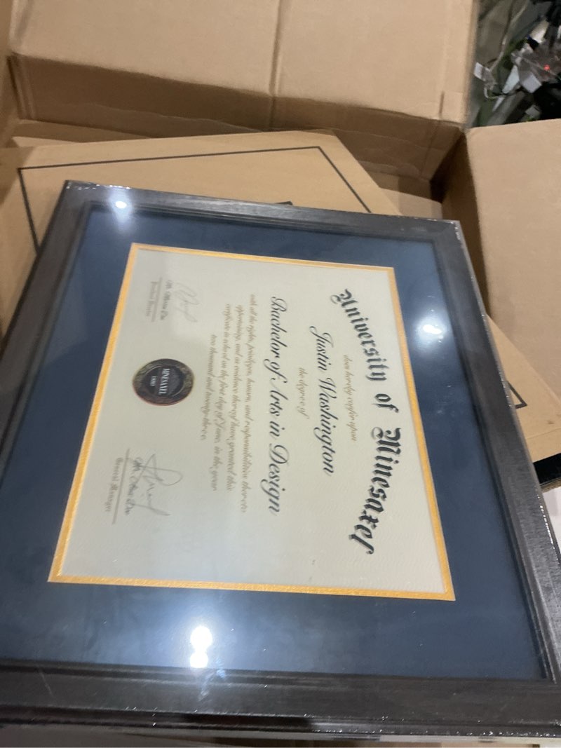 Condition photo showing Good Condition for 11x14 diploma frame with navy over gold mat, 14x17 certificate frame, real wood with gold trim, black frame with arcylic 11x14 with navy over gold mat black