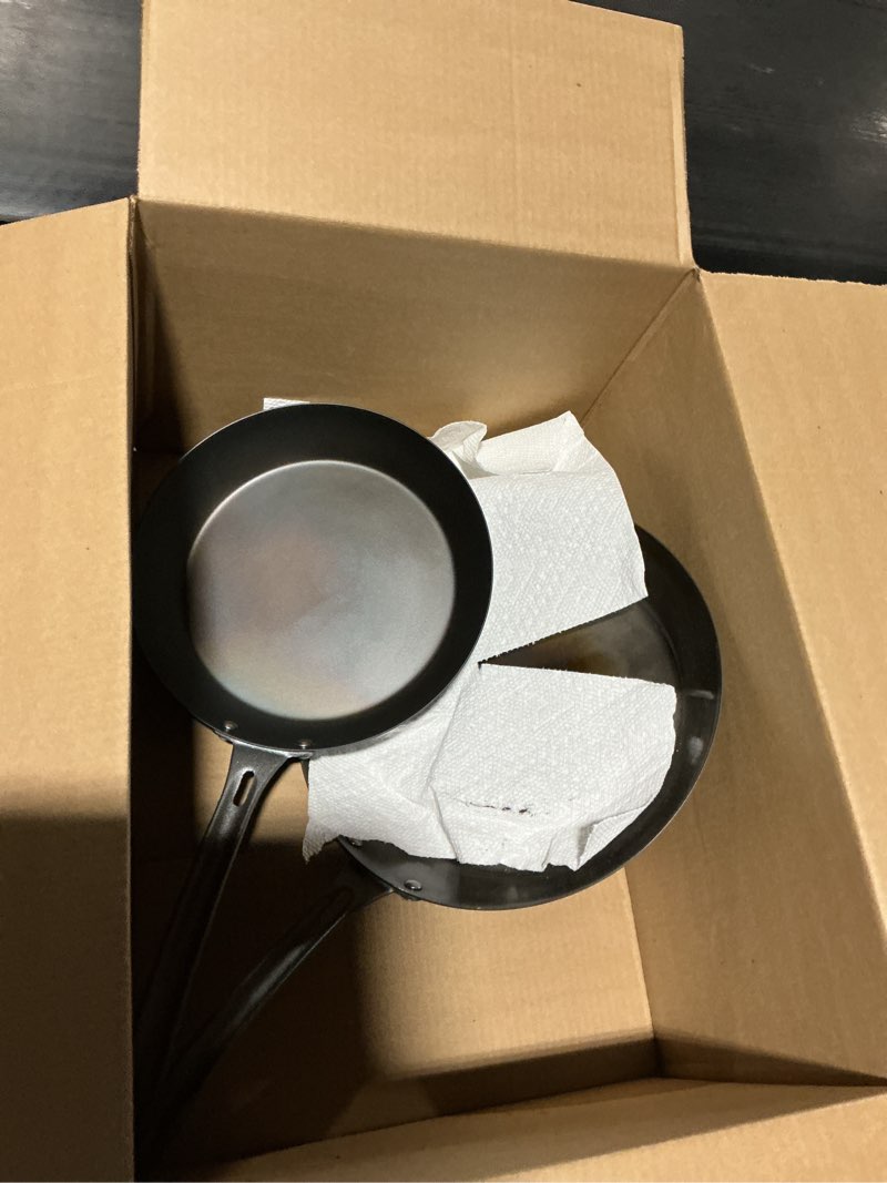 Condition photo showing Good Condition for viking nonstick frying pans, blue carbon steel kitchen cookware, 10 and 12 inch, black 10 inch and 12 inch frying pan set